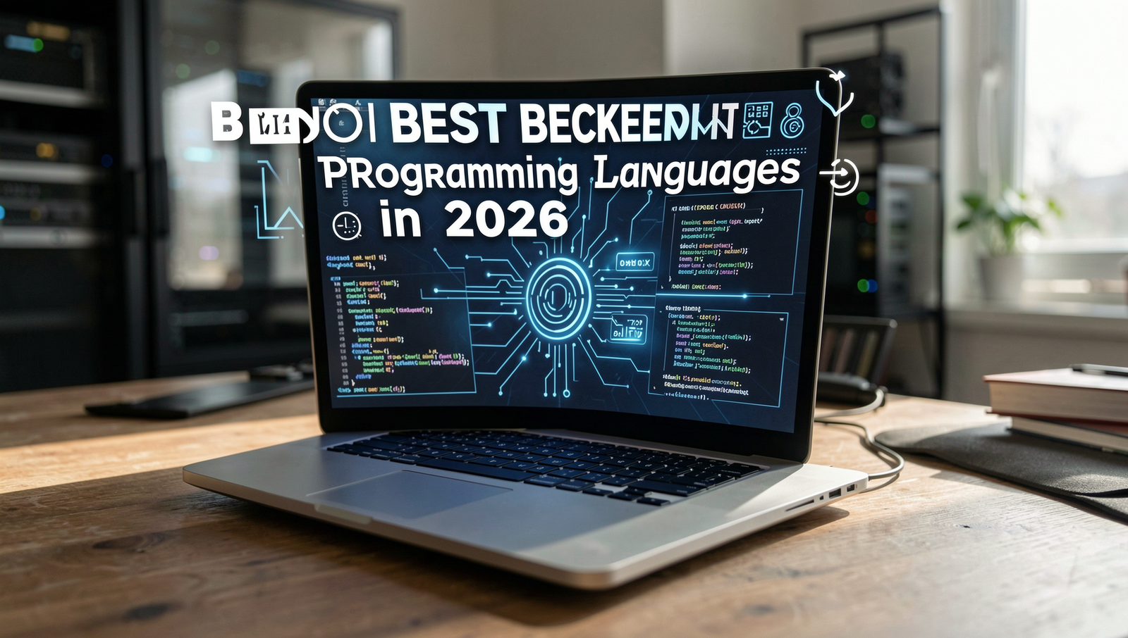 Professional editorial photo showcasing backend programming languages in a modern tech environment.