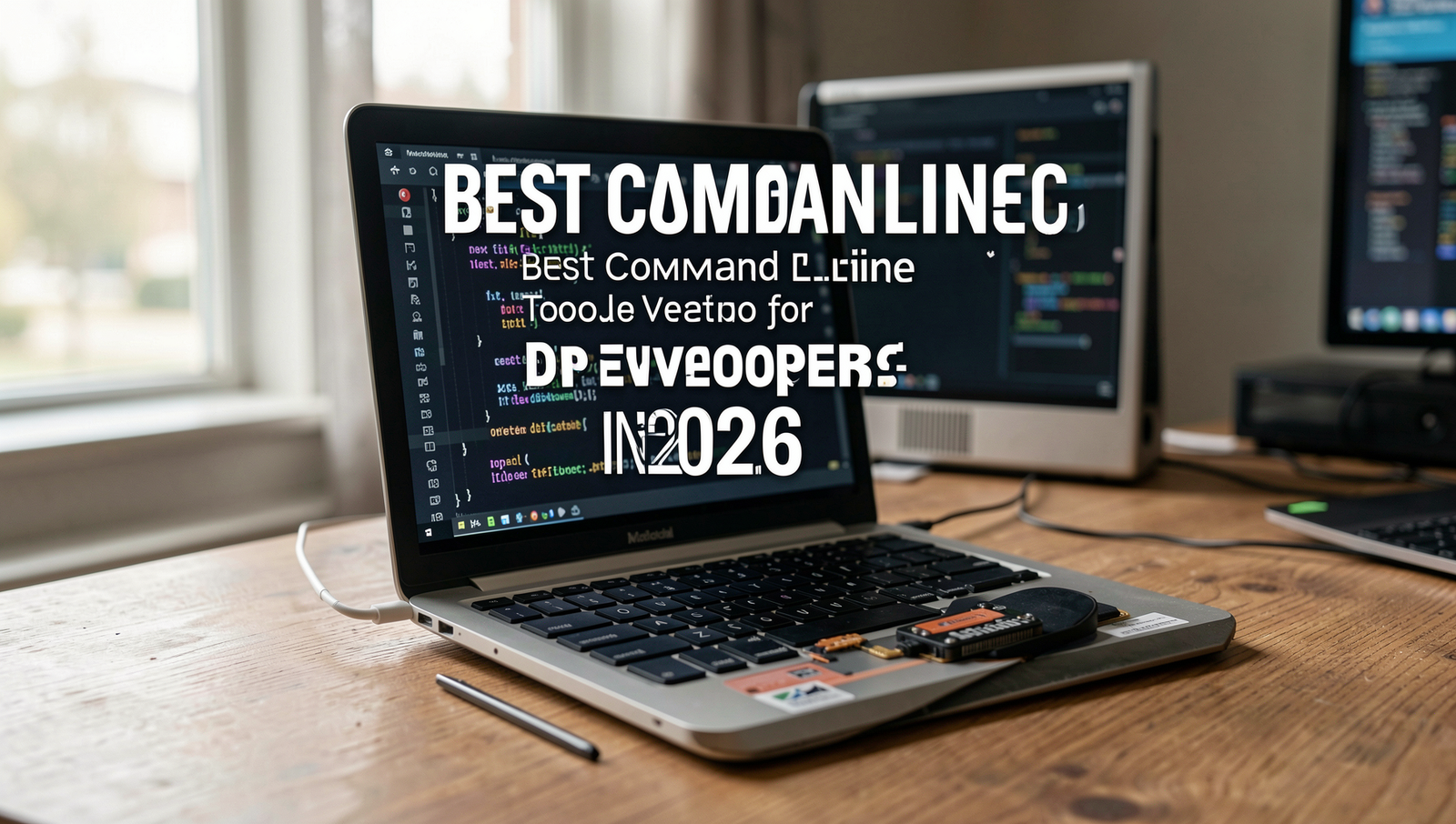 Photorealistic image showcasing command line tools for developers in a modern workspace.