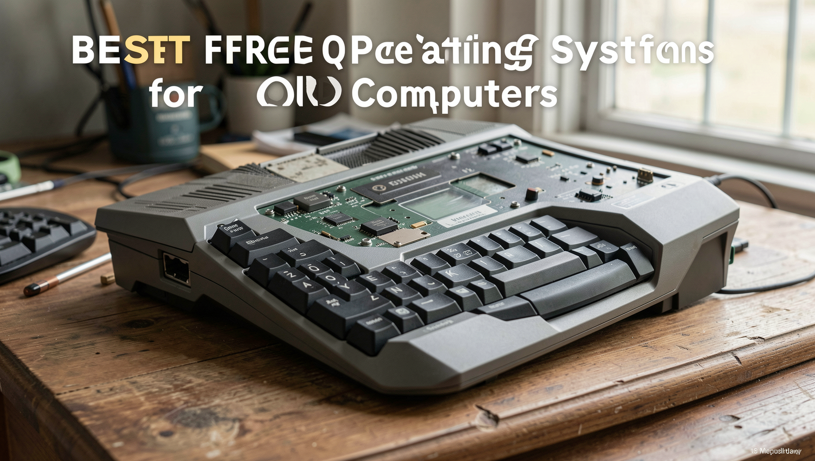A collection of old computers showcasing various free operating systems in a natural setting.