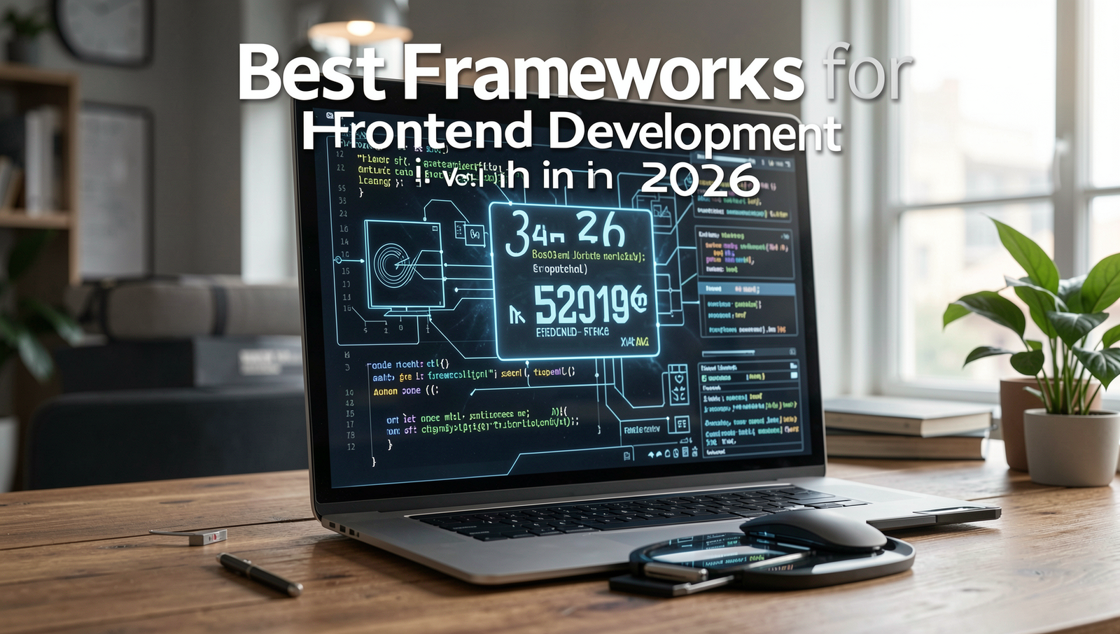 Cinematic scene showcasing modern frontend development frameworks in a tech environment.
