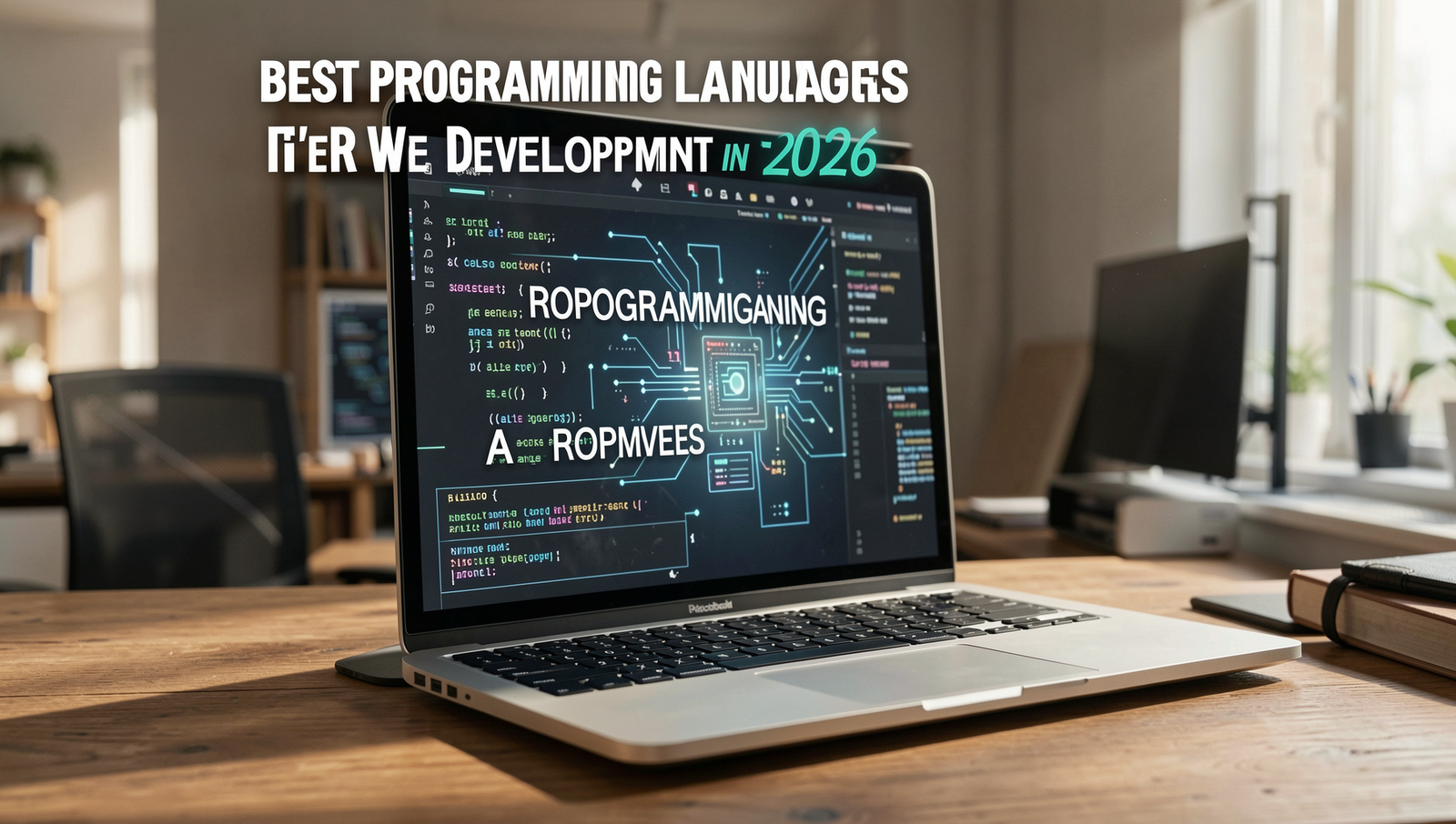 A professional editorial photo showcasing programming languages for web development in 2026.
