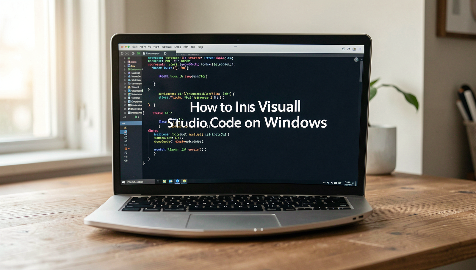 Professional photo of a person installing Visual Studio Code on a Windows laptop.
