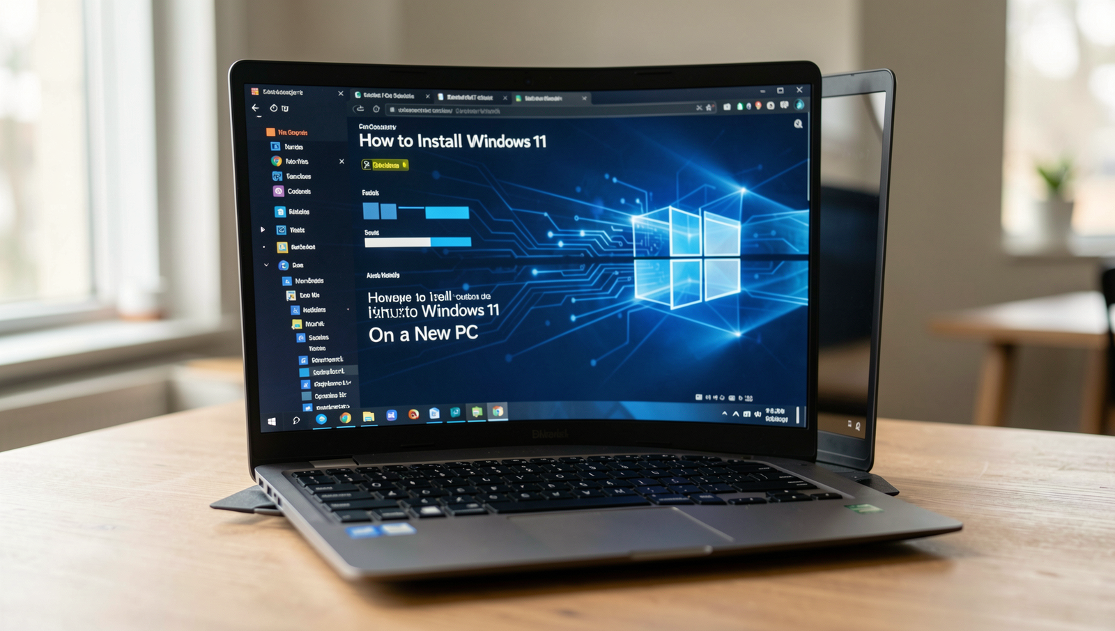 Professional setup showing a person installing Windows 11 on a new PC with natural lighting.