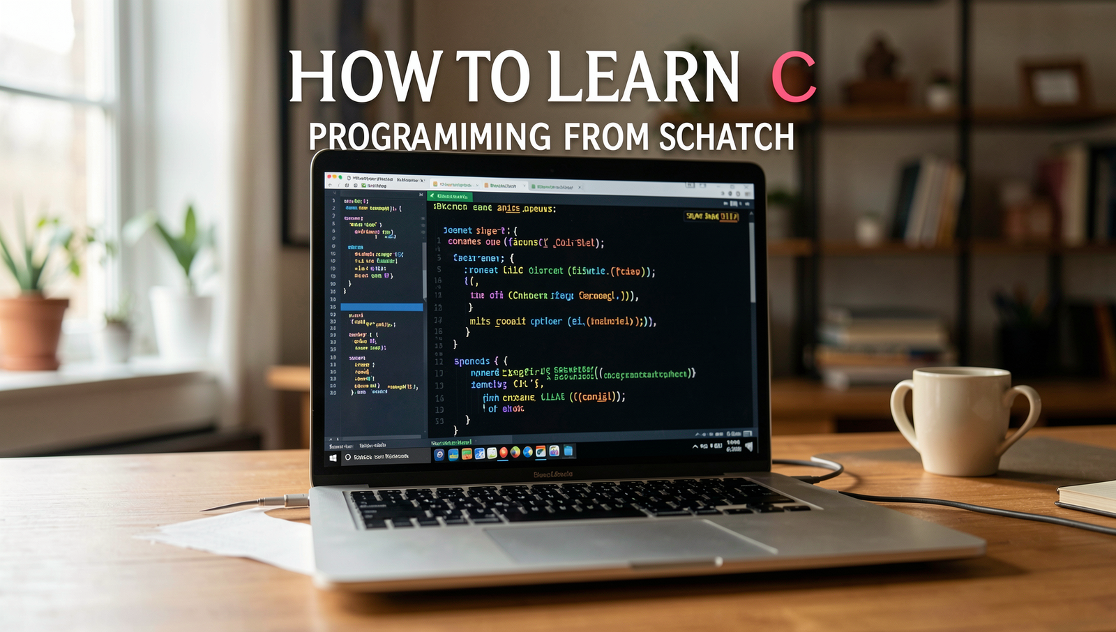Professional editorial photo illustrating C programming education in a natural setting.