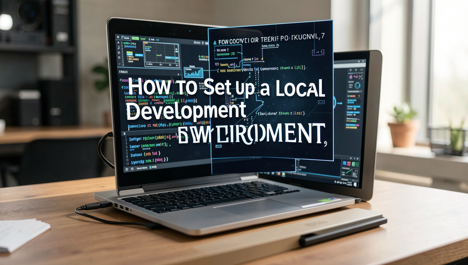 Professional setup of a local development environment with laptops and coding tools.