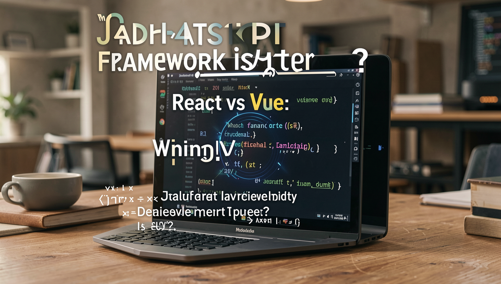 A split-screen comparison of React and Vue frameworks in a modern development workspace.