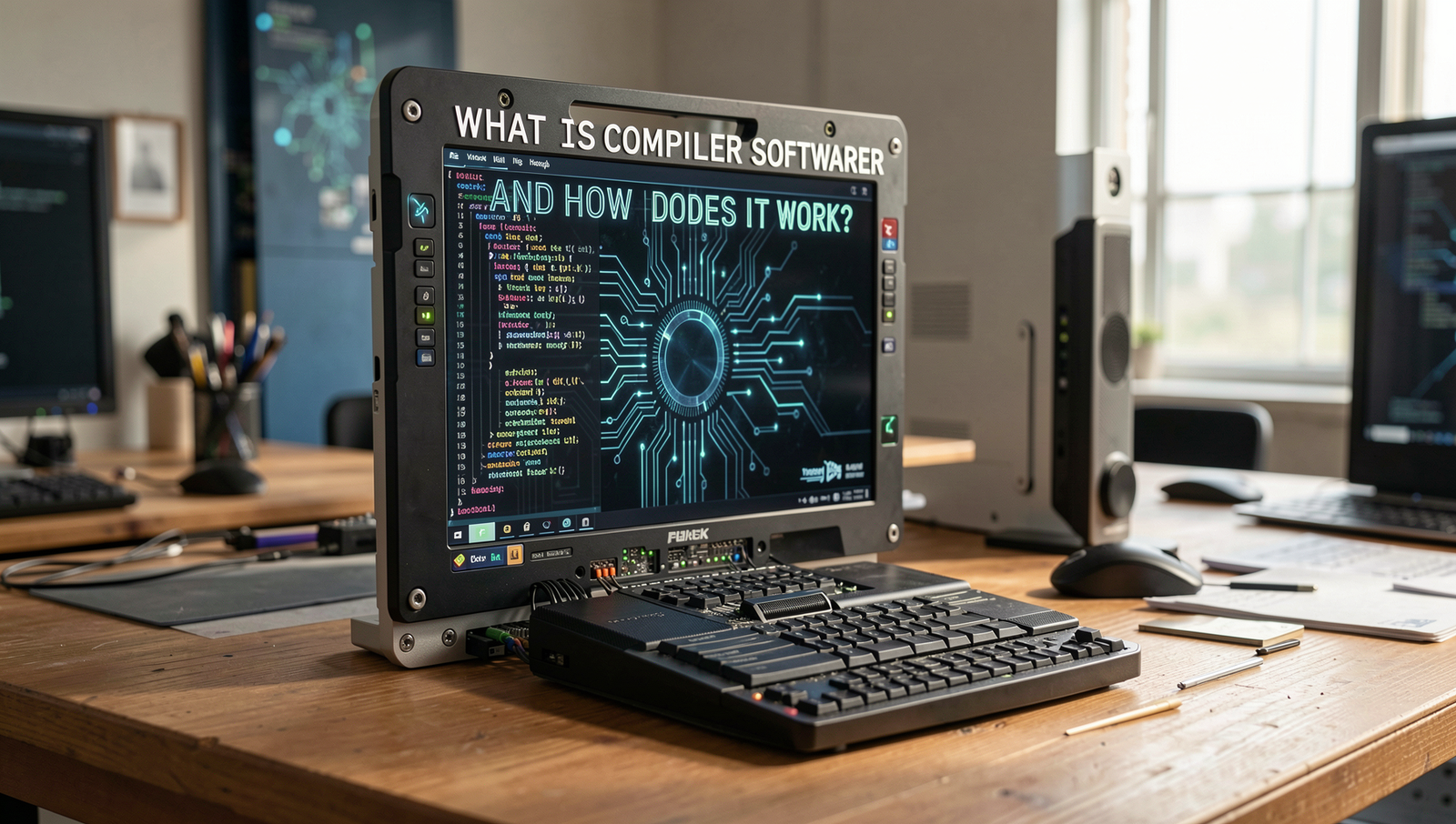 Professional editorial image depicting compiler software in a tech environment.