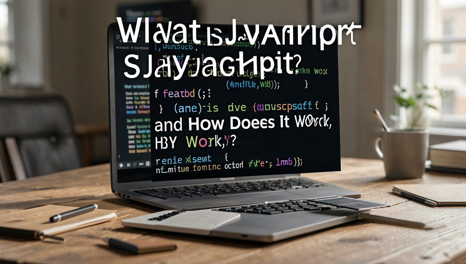 A programmer working on a laptop in a cozy cafe, illustrating JavaScript coding.