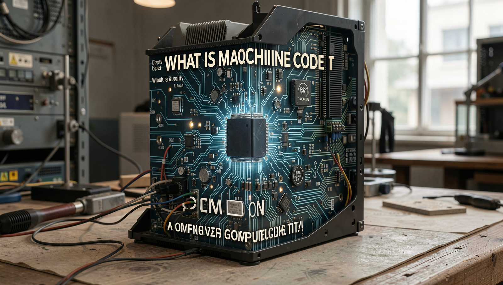 Photorealistic image illustrating machine code execution in a computer environment.